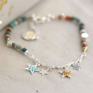 Silver plated mix bead bracelet with threaded stars 3798
