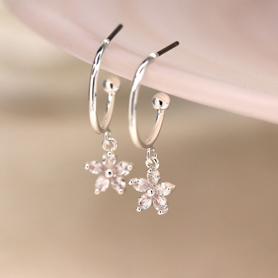Silver plated hoop and crystal flower drop earrings