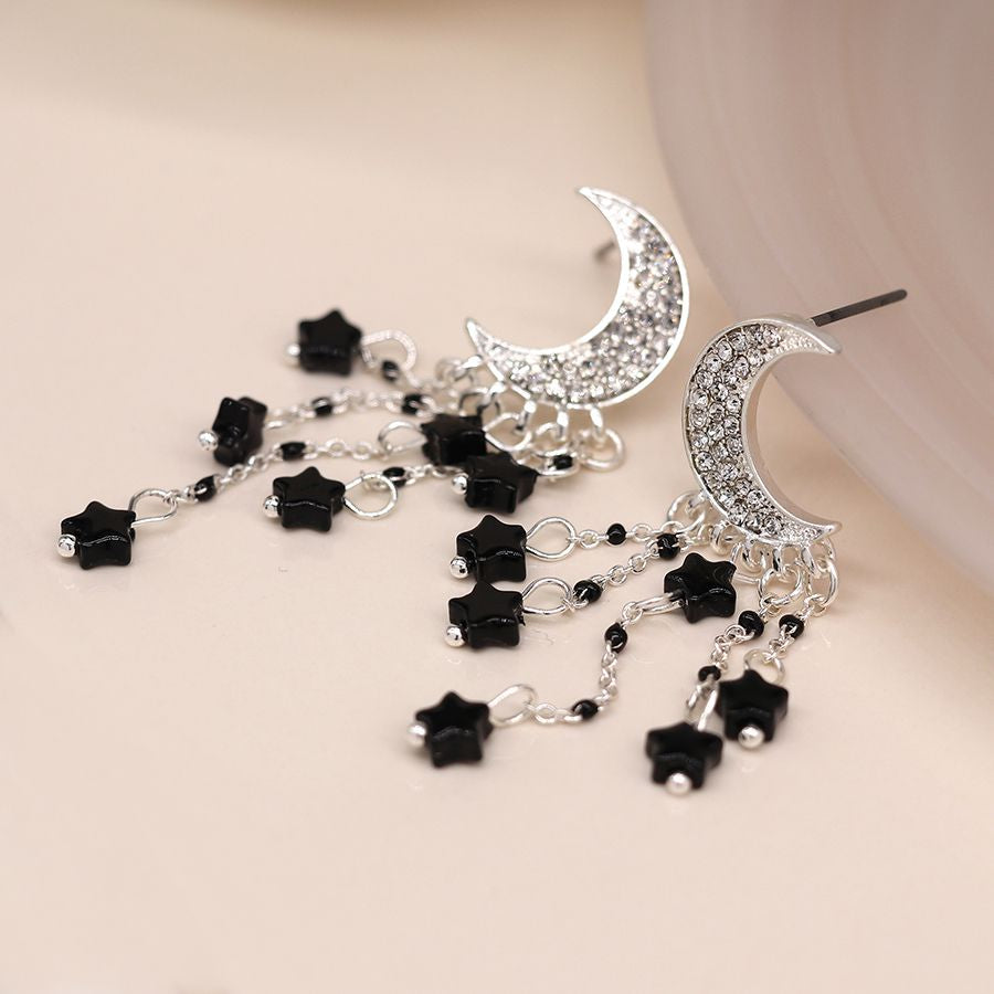 Silver plated crystal moon and black star earrings