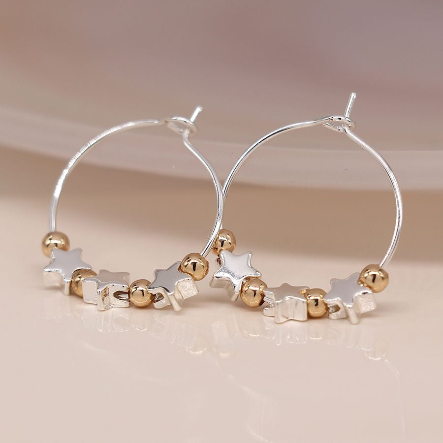 Silver plated wire hoop, stars and golden bead earrings 3901