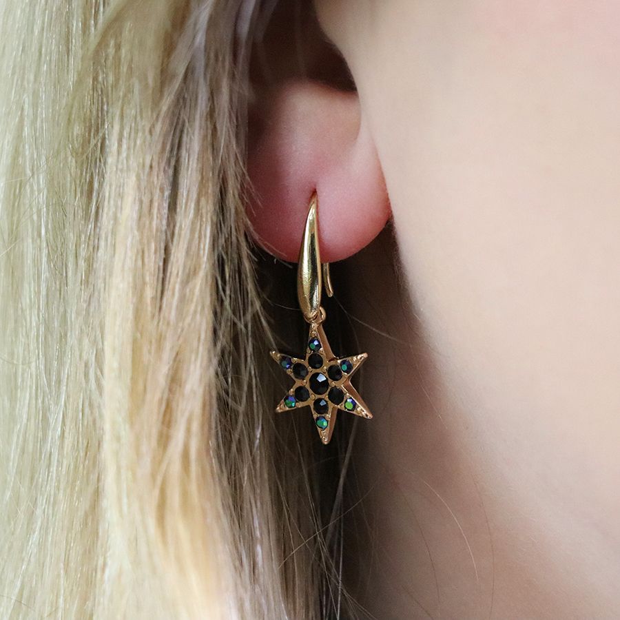 Gold star and black crystal drop earrings 3642