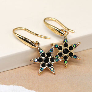 Gold star and black crystal drop earrings 3642