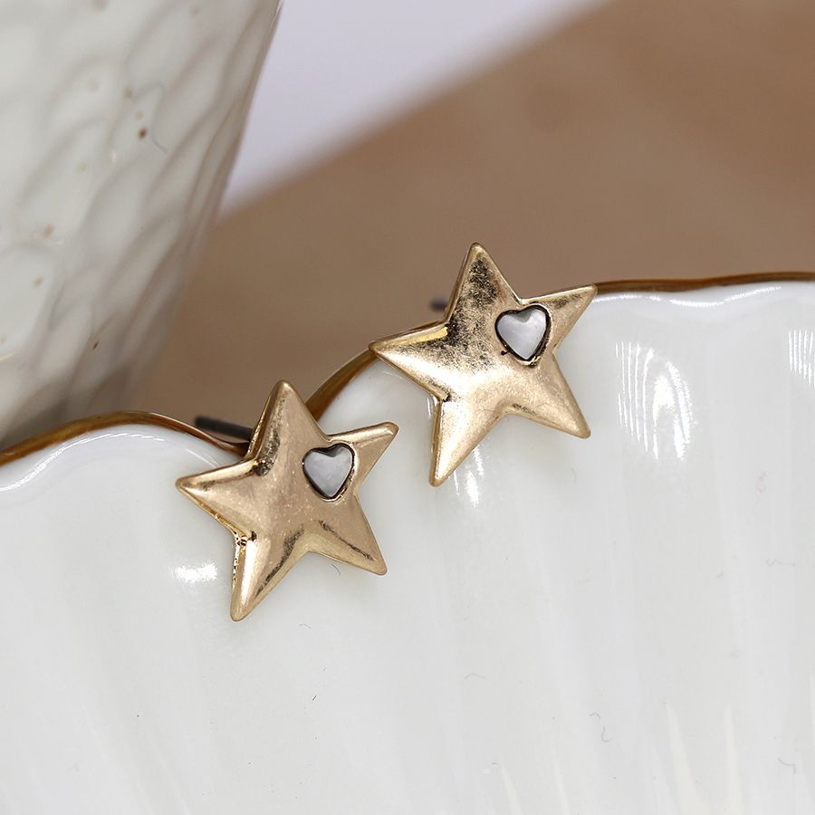 Golden star and quartz stud earrings 3651