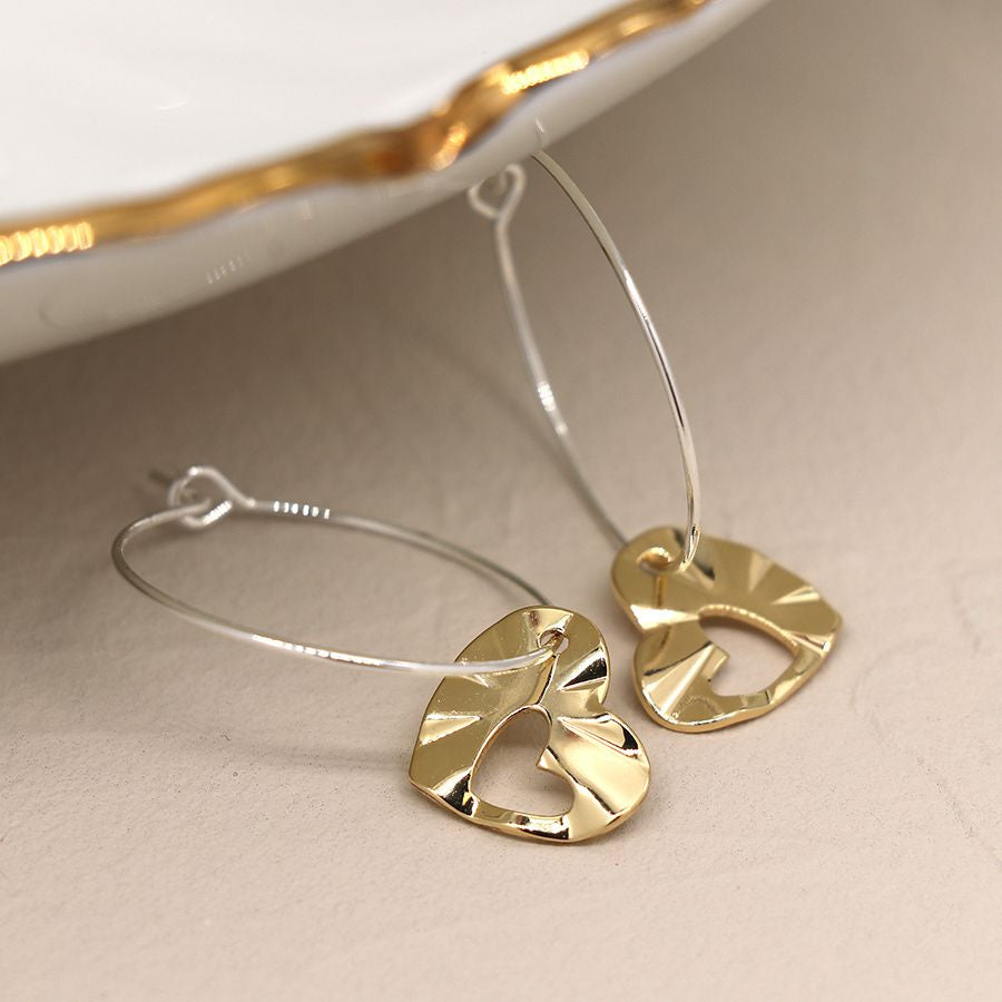 Silver plated hoop and golden heart cut-out earrings 3827