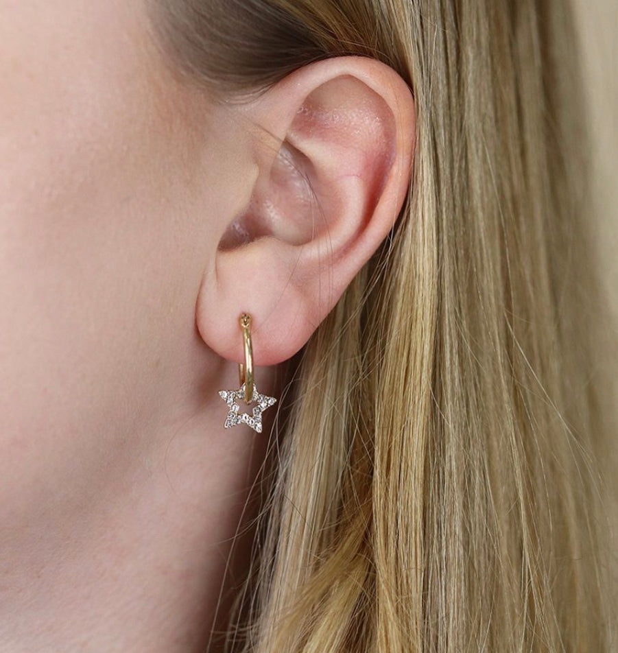 Worn gold hoop and crystal inset star earrings 3291