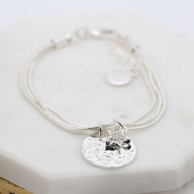 Silver plated triple layer bracelet with crystal star and disc 3376