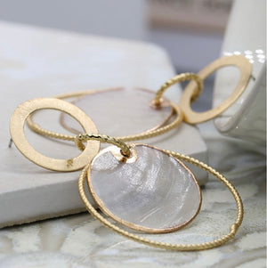 Golden multi hoop stud and drop earrings with shell disc 3536