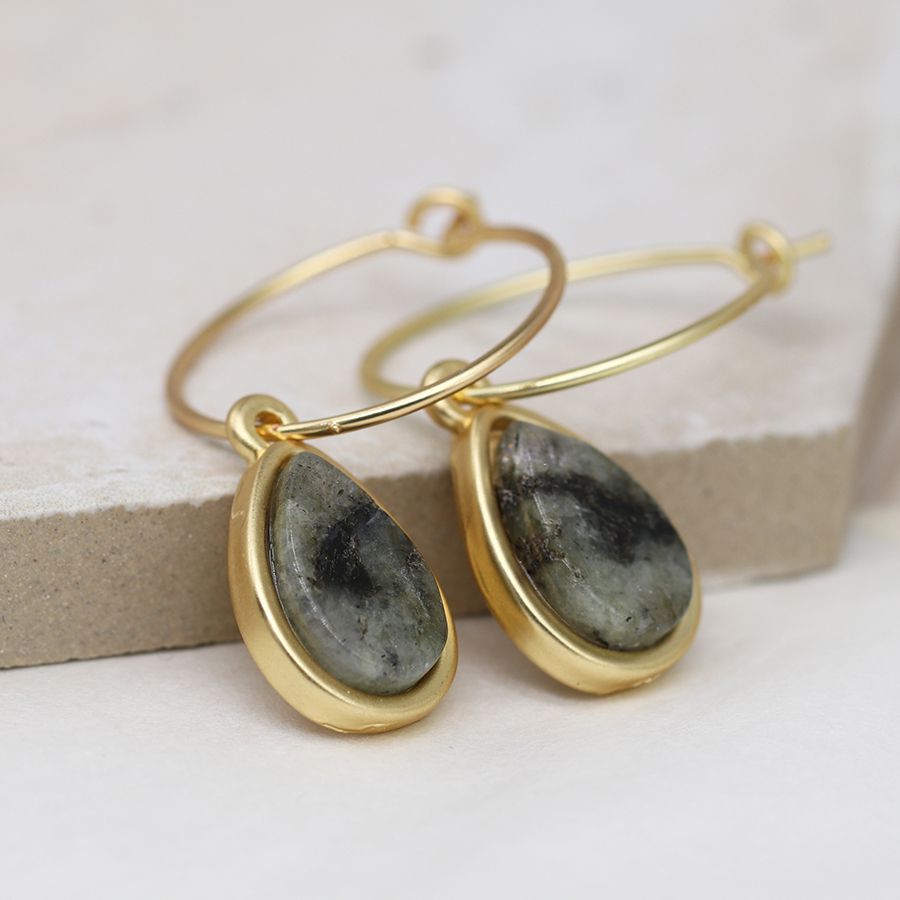 Matt gold fine hoop and agate teardrop earrings 3832