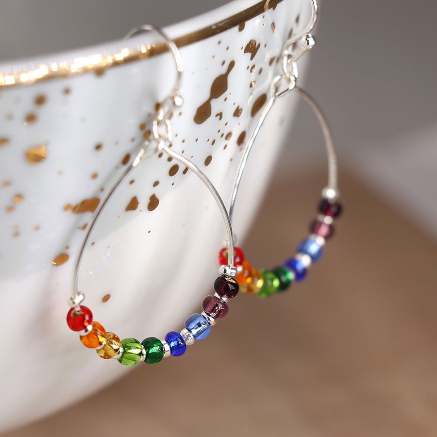 Silver plated wire teardrop earrings with rainbow beads 3728