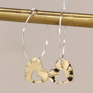 Silver plated hoop and golden heart cut-out earrings 3827