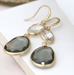 Gold plated smoky and clear crystal drop earrings 3304