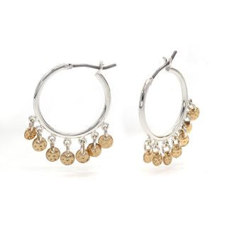 Silver plated hoop earrings with golden hammered discs 3350