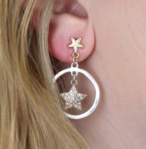 Worn gold crystal inset star in silver hoop earrings 3294