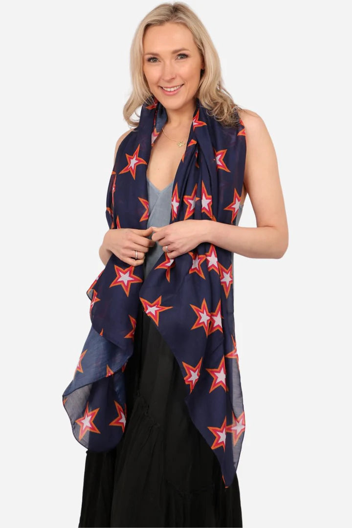 Navy Blue Star Outline Print Cotton Scarf 3124NB