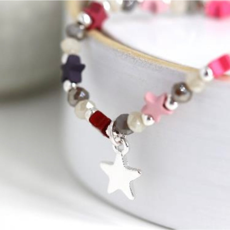Colourful Star Beaded Bracelet with small silver plated star 3489