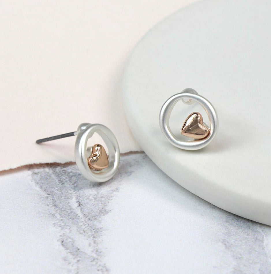 Silver Plated Circle And Rose Gold Heart Earrings 2889